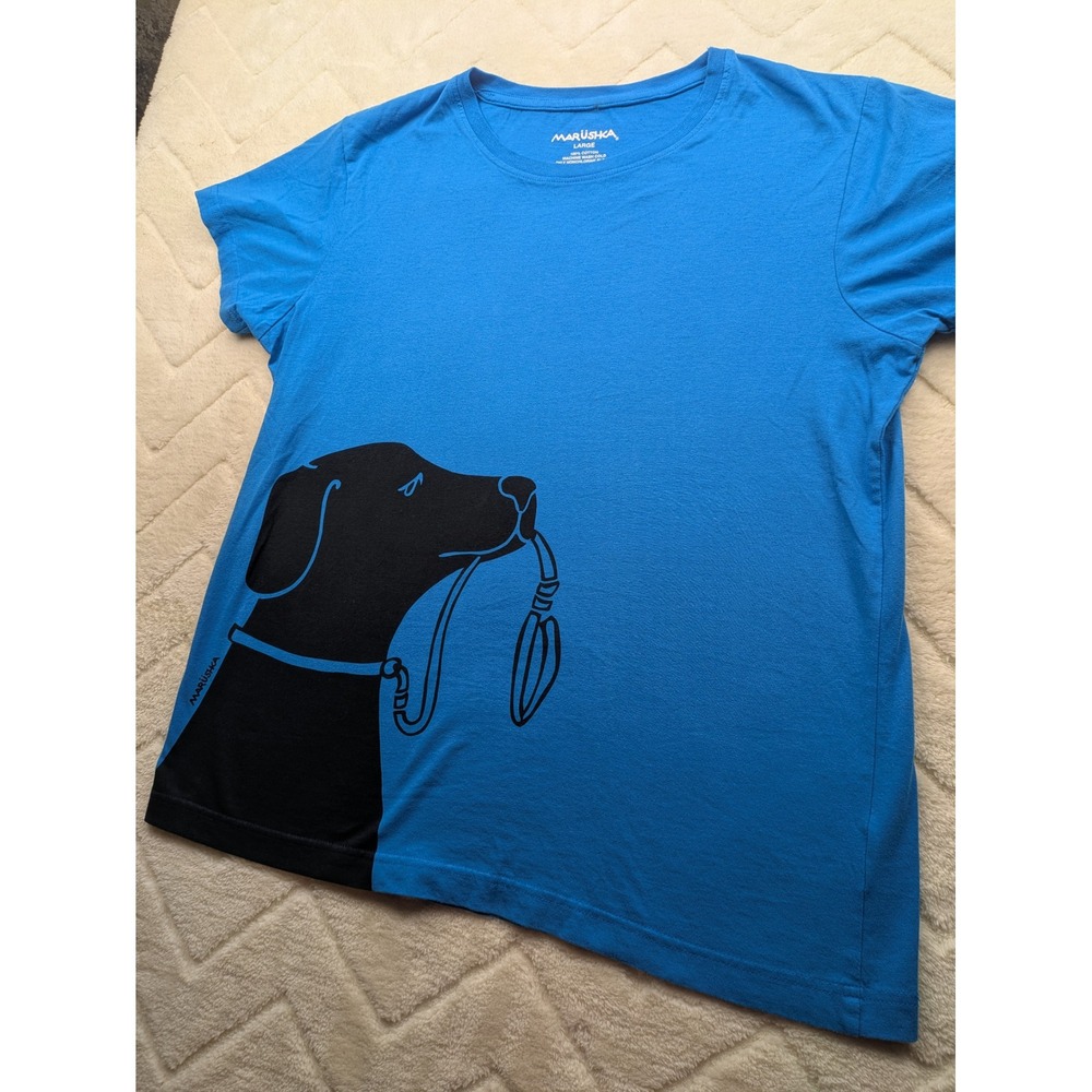 Marushka Mens Large Blue Black Lab Dog Leash Handprinted Cotton T-Shirt
